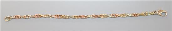 A three colour 9ct gold bracelet, approx. 18cm.